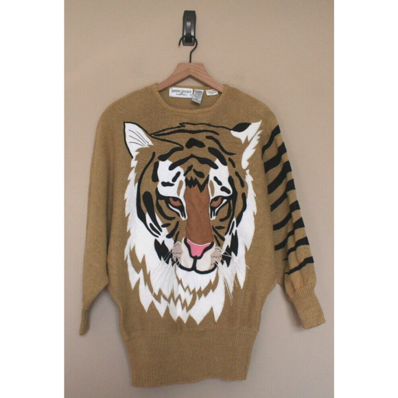 Vintage Bonnie Boerer Sweater Tan Tiger Applique Size Medium M 80s 90s Vtg - Picture 1 of 4